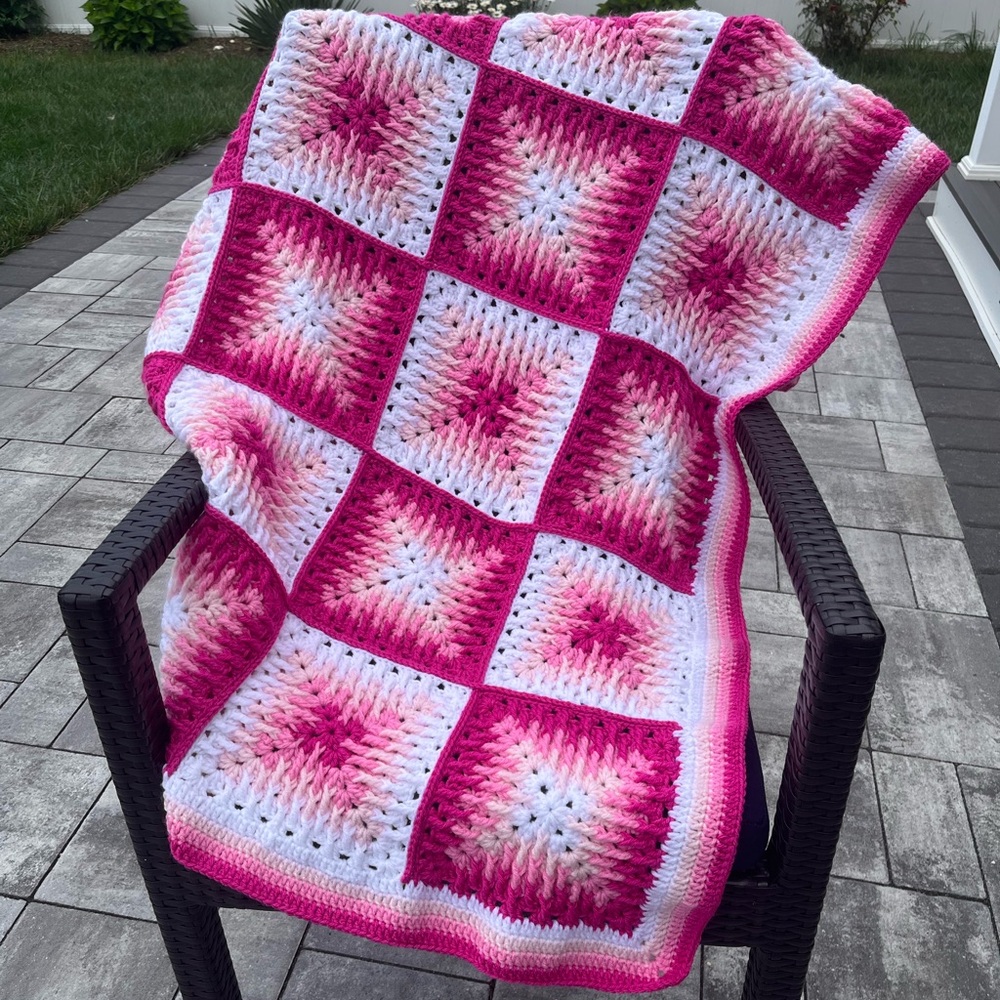 Handmade Pink and White Crochet Blanket